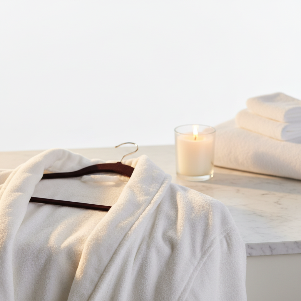 Veloura Luxe Bathrobe - premium plush white bathrobe in elegant spa setting